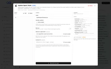 An Update Agent State node's panel with Rebind to application set to the trigger's application