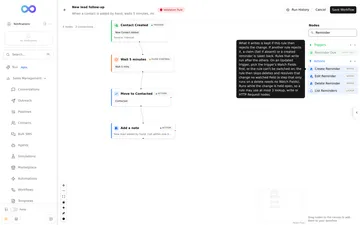 The workflow editor with the trigger set to Before the change, a Validation Rule badge in the header, and the Nodes list searched for Reminder, showing Create, Edit and Delete Reminder marked Writes and List Reminders marked Lookup