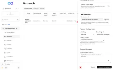 The Edit Outreach Configuration panel's Process Configuration with the Sending Number list open on Contact's current line, Texts continue the contact's latest SMS thread