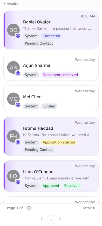 The conversations list with Daniel Okafor's card tinted violet with a violet left edge, above read cards for Arjun Sharma, Mei Chen and others